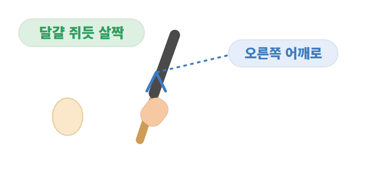 힘은 살짝, V자는 오른쪽 어깨로